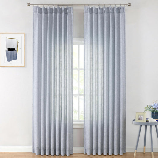 Vision Home Blue Pinch Pleated Semi Sheer Curtains Textured Light Filtering Window Curtains 84 inch for Living Room Bedroom Rayon Blended Chambray Blue Pinch Pleat Drapes with Hooks 2 Panels 40"Wx84"L