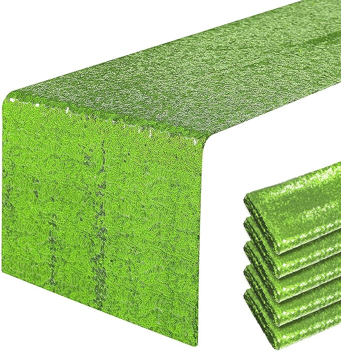 6 Packs 12 x 72 inches Green Sequin Table Runner, Glitter Runner for Birthday Party Supplies Decorations Wedding Bachelorette Holiday Celebration Bridal Shower Baby Shower