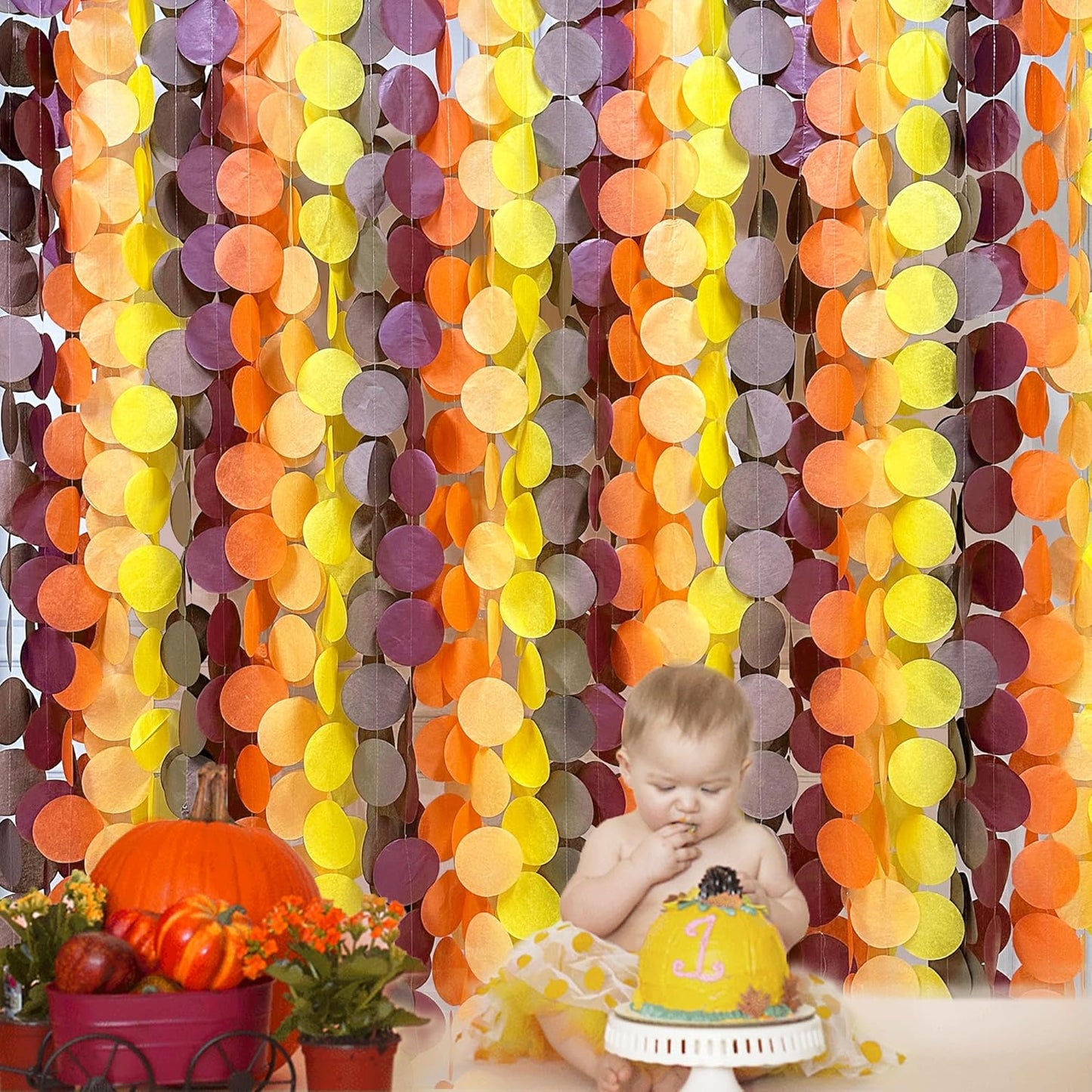 192Ft Fall Party Decorations Big Circle Dots Backdrop Garland Yellow Orange Burgundy Brown Tissue Paper Polka Dot Hanging Streamers for Birthday Wedding Fall Autumn Thanksgiving Harvest Party Supplies