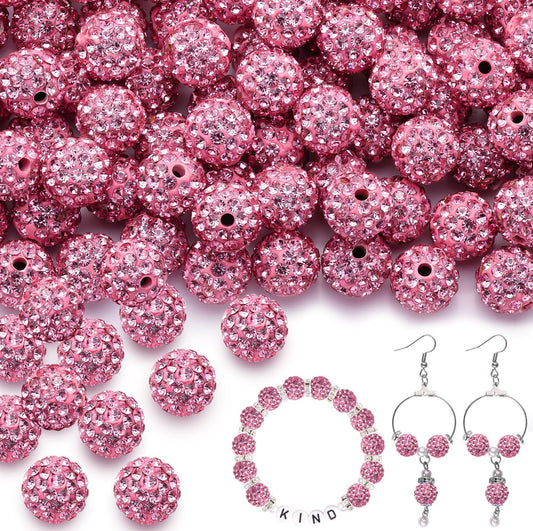200pcs 10mm Dark Pink Rhinestone Beads for Jewelry Making, Shiny Round Shamballa Disco Ball Beads Bulk, Sparkle Crystal Clay Christmas for Bracelet Baseball Necklace Earring Crafting and DIY