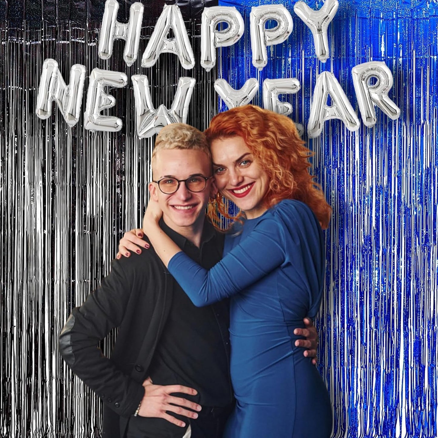 Foil Fringe Curtain Party Decorations - Black Blue Metallic Tinsel Photo Booth Backdrop Party Steamers Curtains for Birthdays Christmas New Years Homecoming Decoration