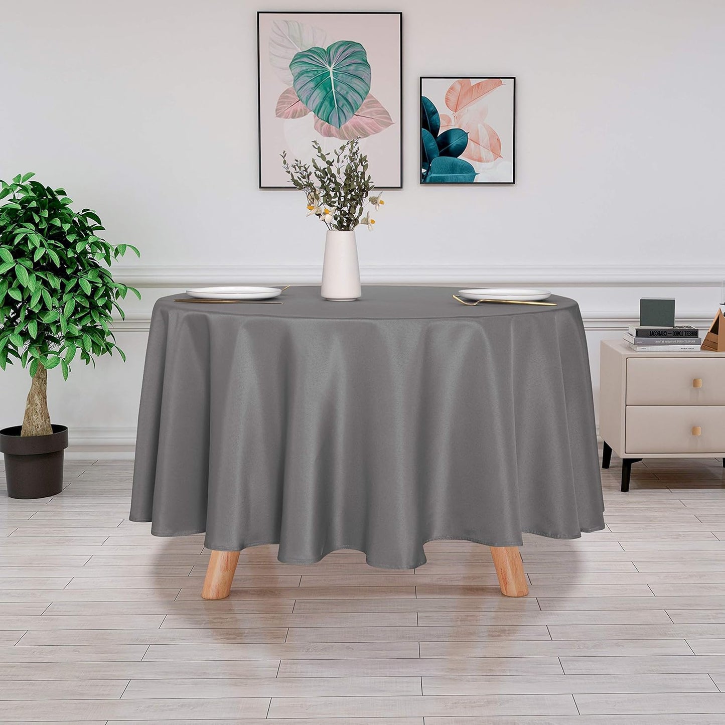 sancua Round Tablecloth - 90 Inch - Water Resistant Spill Proof Washable Polyester Table Cloth Decorative Fabric Table Cover for Dining Tables, Buffet Parties and Camping, Light Grey