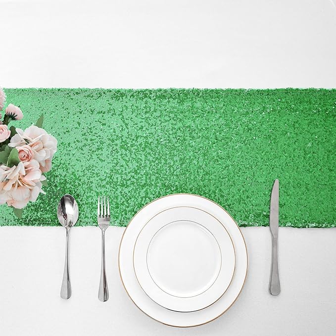 2 Packs 12 x 72 inches Grass Green Sequin Table Runner, Glitter Runner for Birthday Party Supplies Decorations Wedding Bachelorette Holiday Celebration Bridal Shower Baby Shower