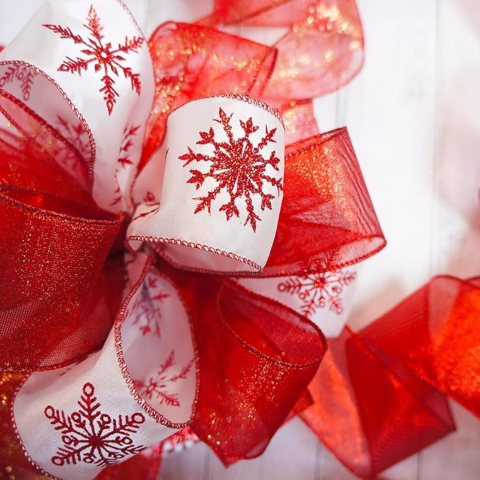Christmas Tree Topper Bow - Bow: 11" sq. - Tails: 3 Yards Long Each - Red Snowflake
