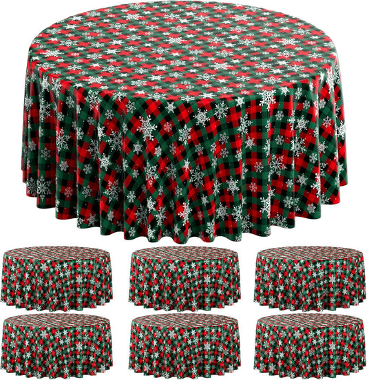 Jectivs 6Pcs Christmas Buffalo Plaid Snowflake Party Tablecloths Decorations,Plastic Red and Green Checkered Round Table Cover for Winter Christmas New Year Birthday Holiday Party Decorations,84 inch