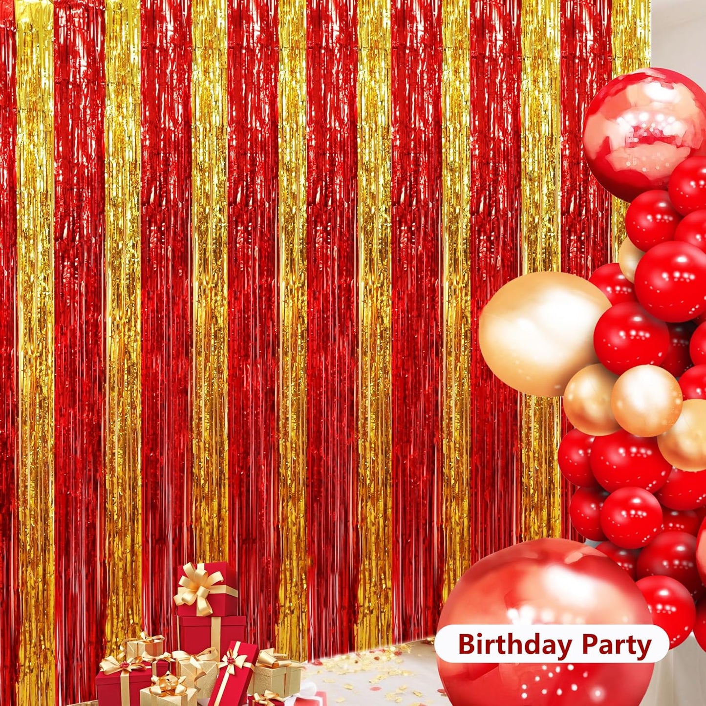 BEISHIDA Red Gold Door Streamers Backdrop Foil Fringe Tinsel Party Streamers Curtains Photo Backdrop for Birthday Graduation Christians Party Decoations