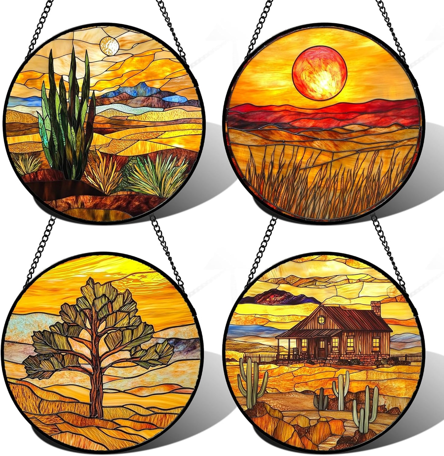 Stained Glass Window Hanging 4 Pcs Set Desert Sunset Theme Landscape Large 15" - Suncatcher Door Garden Sun Catcher Decor Birthday Christmas for Mom Woman Nana Men