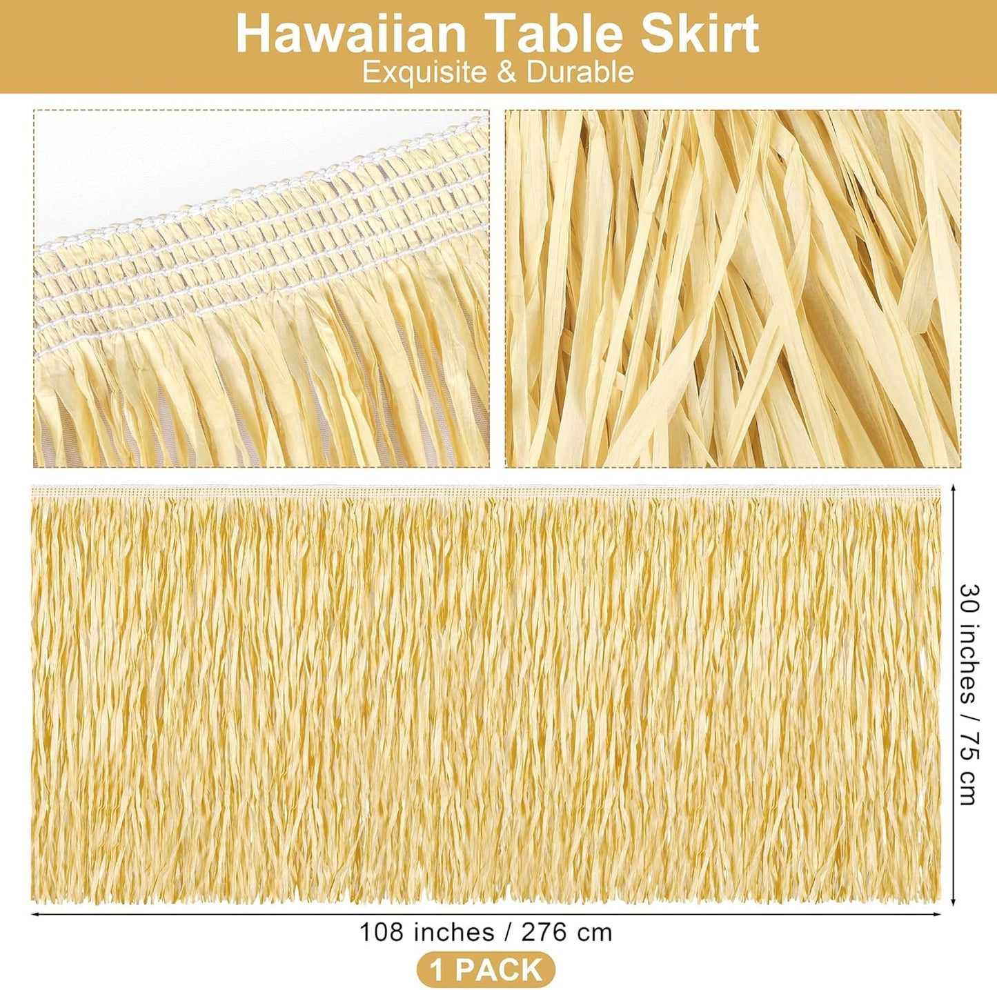 Fovths 1 Pack Luau Grass Table Skirt Fringe Straw Grass Skirt 108 x 30 Inch Hibiscus Hawaiian Table Skirts Rectangle Tropical Luau Party Decorations for Hawaiian Luau Decorations