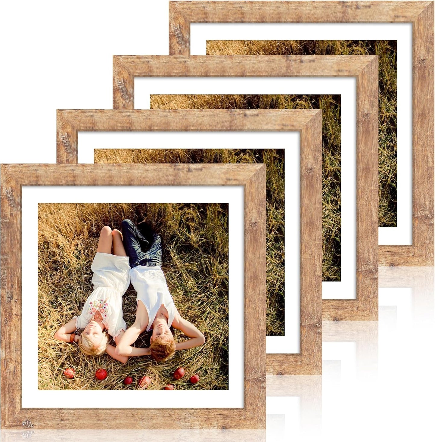 12x12 Picture Frame Set of 4 with Tempered Glass, Rustic Brown Frame Display 10x10 Pictures with Mat or 12 x 12 Without Mat, Wood Square Photo Frames for Desktop Display and Wall Mounting