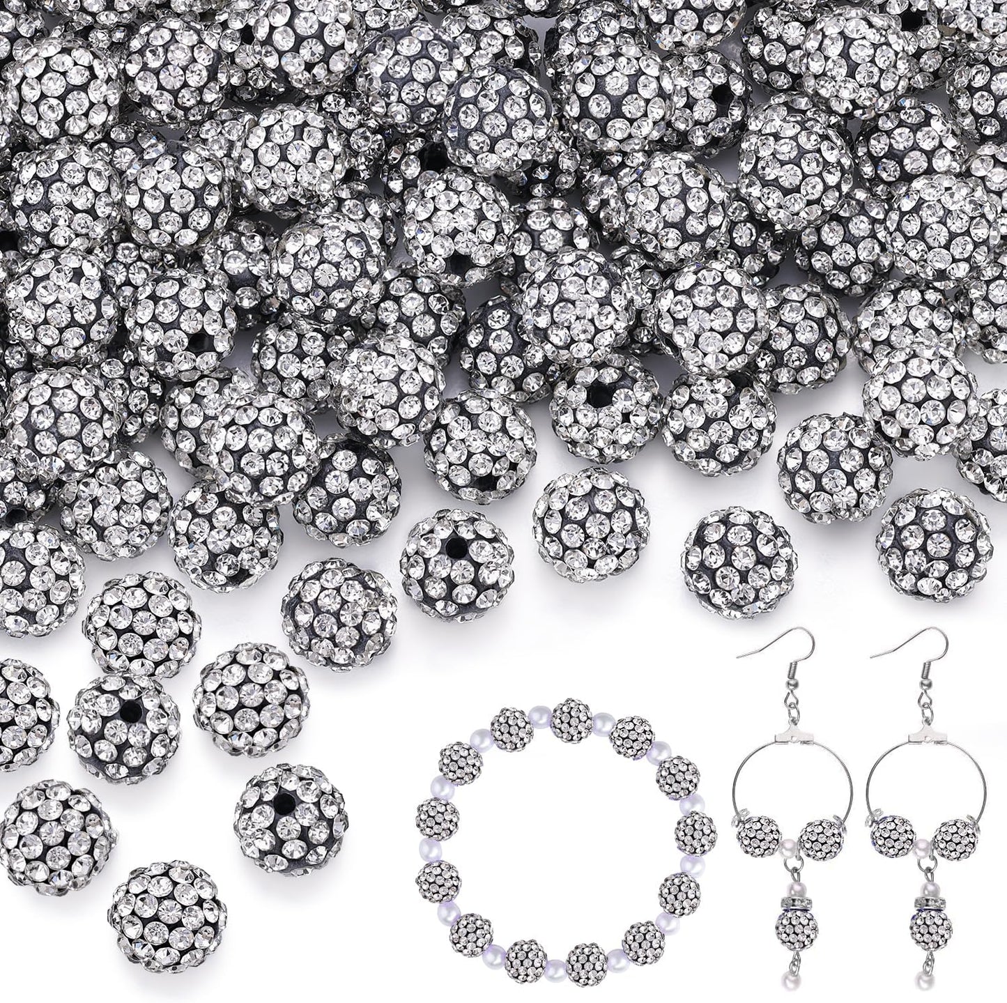 100pcs 10mm Rhinestone Beads for Jewelry Making, Black White Shiny Round Shamballa Disco Ball Beads, Sparkle Crystal Clay Christmas for Bracelet Baseball Necklace Earring Crafting and DIY