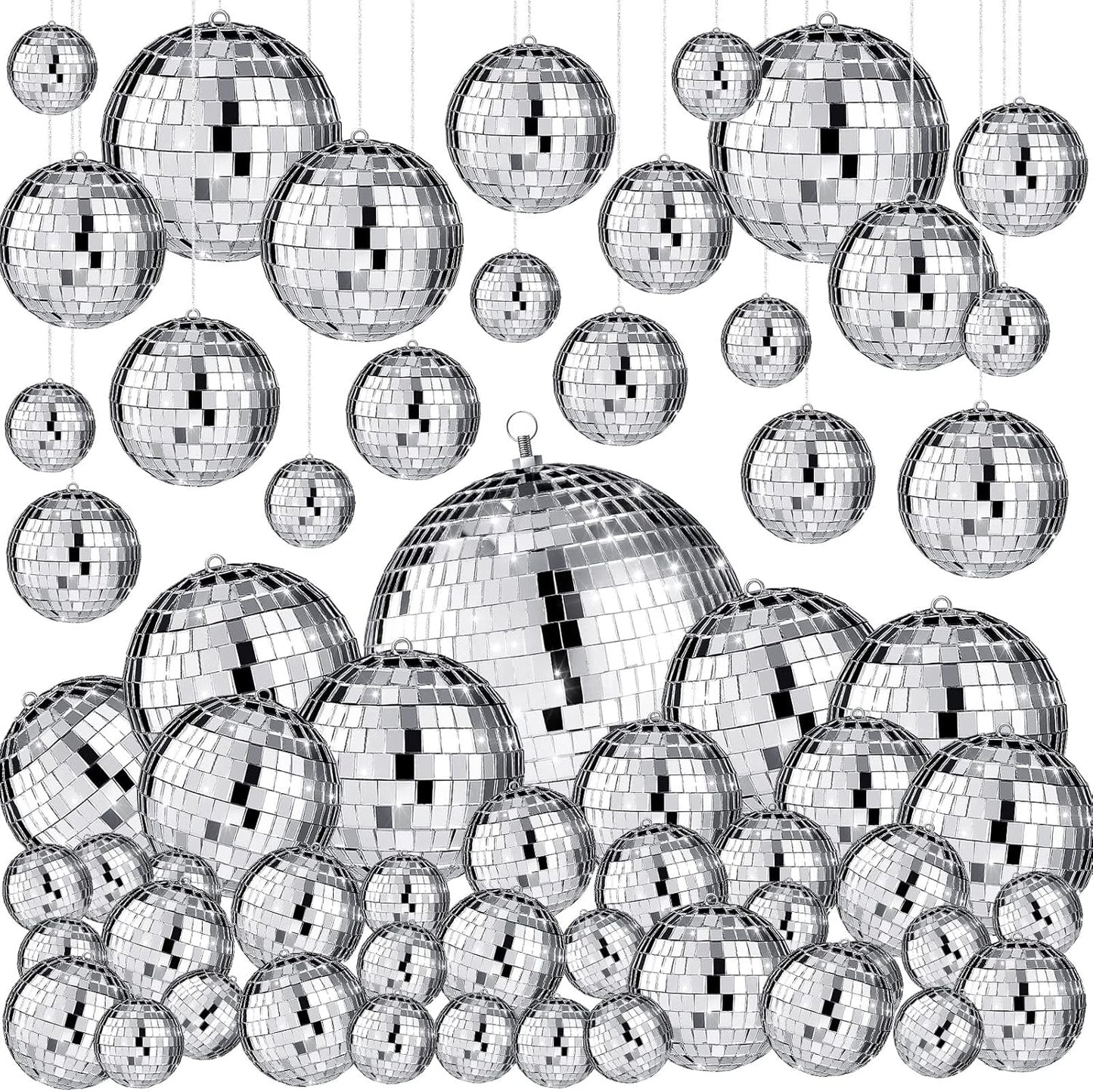 Funtery 100 Pcs Mirror Disco Balls Bulk Assorted Silver Hanging Disco Ball Decor for Home Wedding Birthday Dance Music 70 S Theme Party Christmas Tree Ornaments(1, 2, 3, 4, 6, 8)