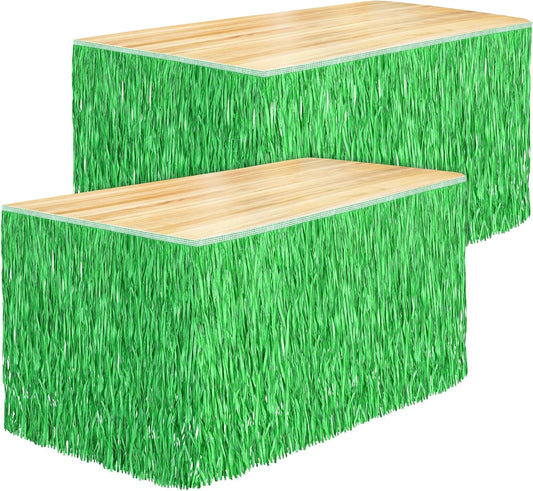 Fovths 2 Packs Luau Grass Table Skirt Paper Fringe Straw Grass Skirt 108 x 30 Inch Hibiscus Hawaiian Table Skirts Rectangle Tropical Luau Party Decorations for Hawaiian Luau Decorations