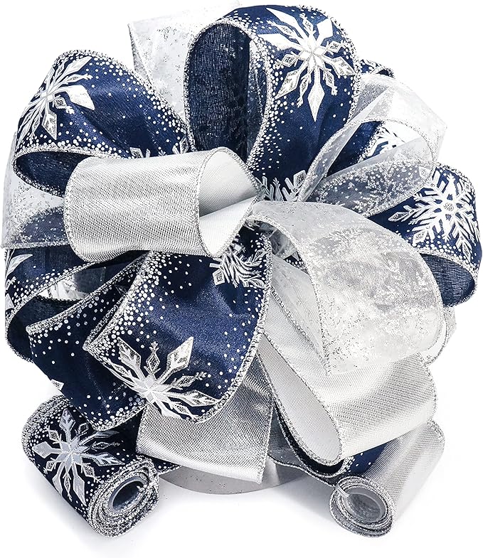 CT CRAFT LLC Blue Snowflake Christmas Tree Topper Bow 11" with 4 Ribbon Streamers x 3 Yards Long Each for Holidy Elegant Fancy Home Décor Indoor