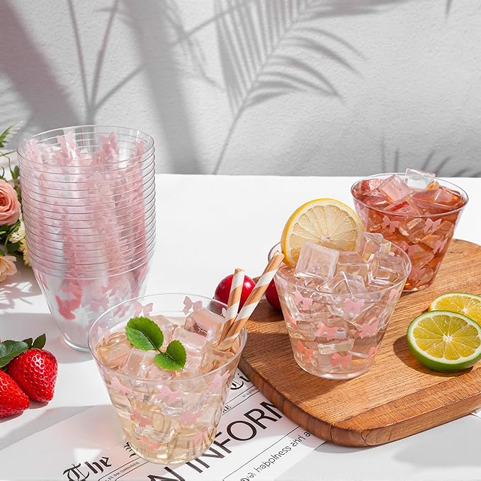 I00000 100 Pcs 9 oz Clear Plastic Cups with Pink Bow, Clear Disposable Cups Wine Glasses Cocktail Glasses Premium Cup Perfect for Wedding, Birthday & Party