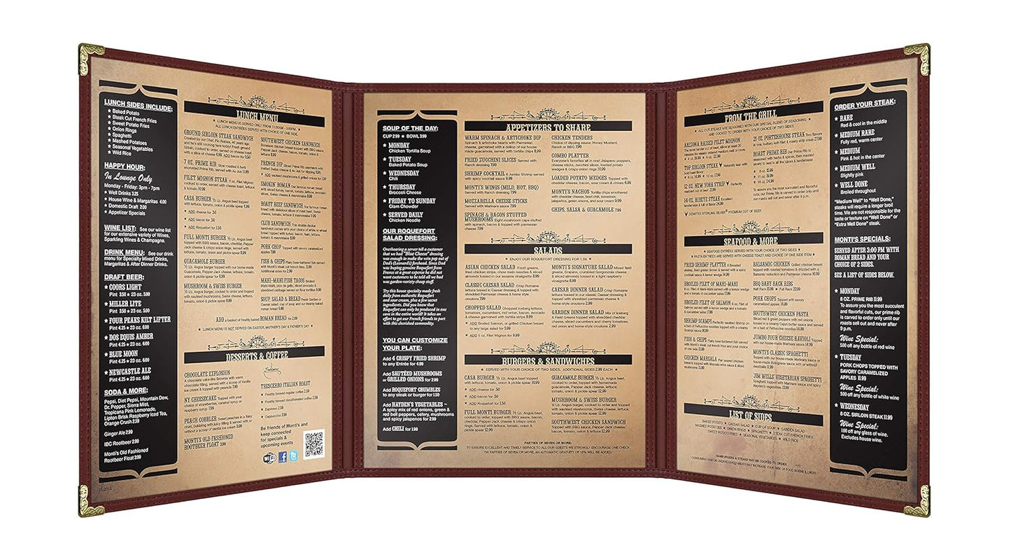 Goodsmart Restaurant Menu Covers – 25 Pack Burgundy 6-View Trifold 8.5" x 11", Side-Loading Vinyl & Plastic Menu Holders, Clear Menu Sleeves, Leather-Style Café Covers with Gold Corners