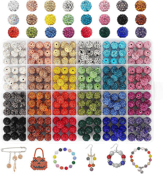 240pcs 24 Colors Rhinestone Beads for Crafts, Sparkle Round Crystal Disco Ball Clay Rhinestone Beads for DIY Jewelry Making Bracelet, Necklace, Earring and Christmas Decoration (10mm)