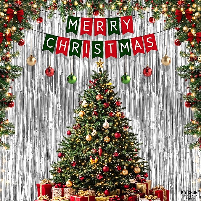 KatchOn, XtraLarge Silver Foil Fringe Curtain - 3.2x8 Ft, Pack of 2 | Streamers Backdrop for Disco Party Decorations | Silver Fringe Backdrop for Valentines, Anniversary, Disco Birthday Decorations