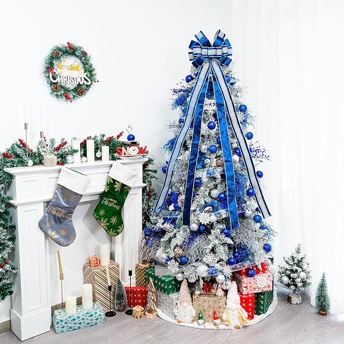 Christmas Tree Topper Bow，53 x 13 Inches Velvet Large Christmas Bow Decor with Long Glittering Streamer Line，Xmas Decorations for Tree Wreath Door Festival Home(Blue & Silver Line)