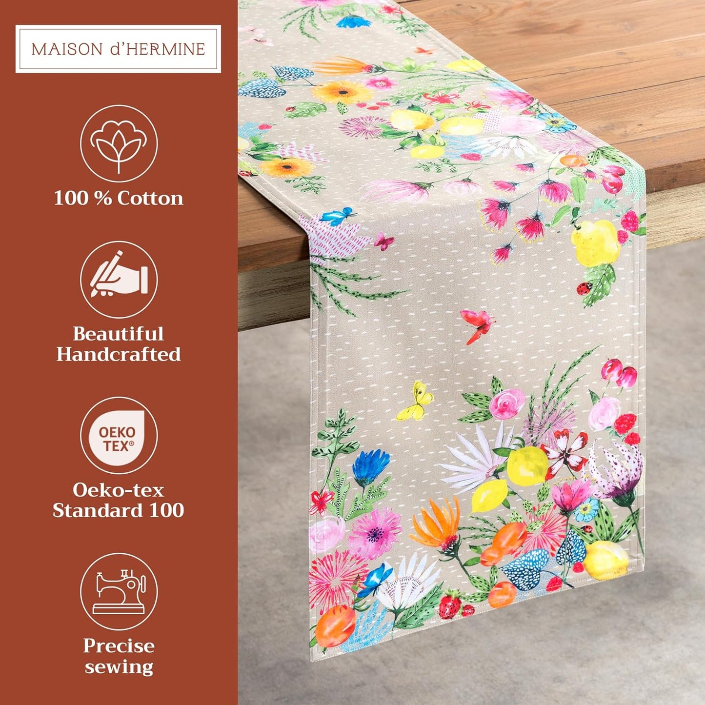 Maison d' Hermine Table Runner 100% Cotton Double Layer Table Runners 72 inches Long Decorative for Home Kitchen Dining Party Wedding Bridal Shower Spring Summer (Jardin D'Ete - Fog, 14.50" x 72")