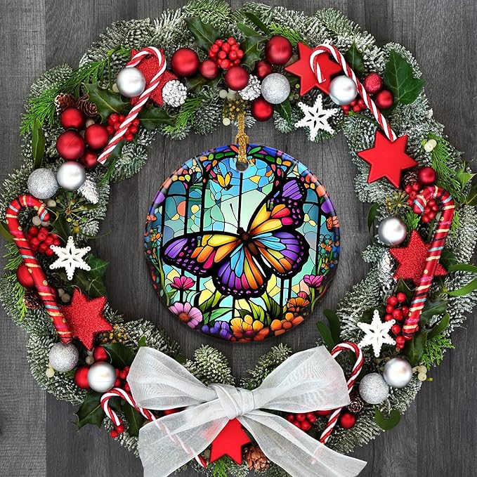 Touber Stained Ceramic Butterfly Ornament - Butterfly Christmas Ornaments - Christmas Tree Ornaments - Christmas Decorations - Butterfly Decor for Office, Room, Home - Holiday Present Ideas - A