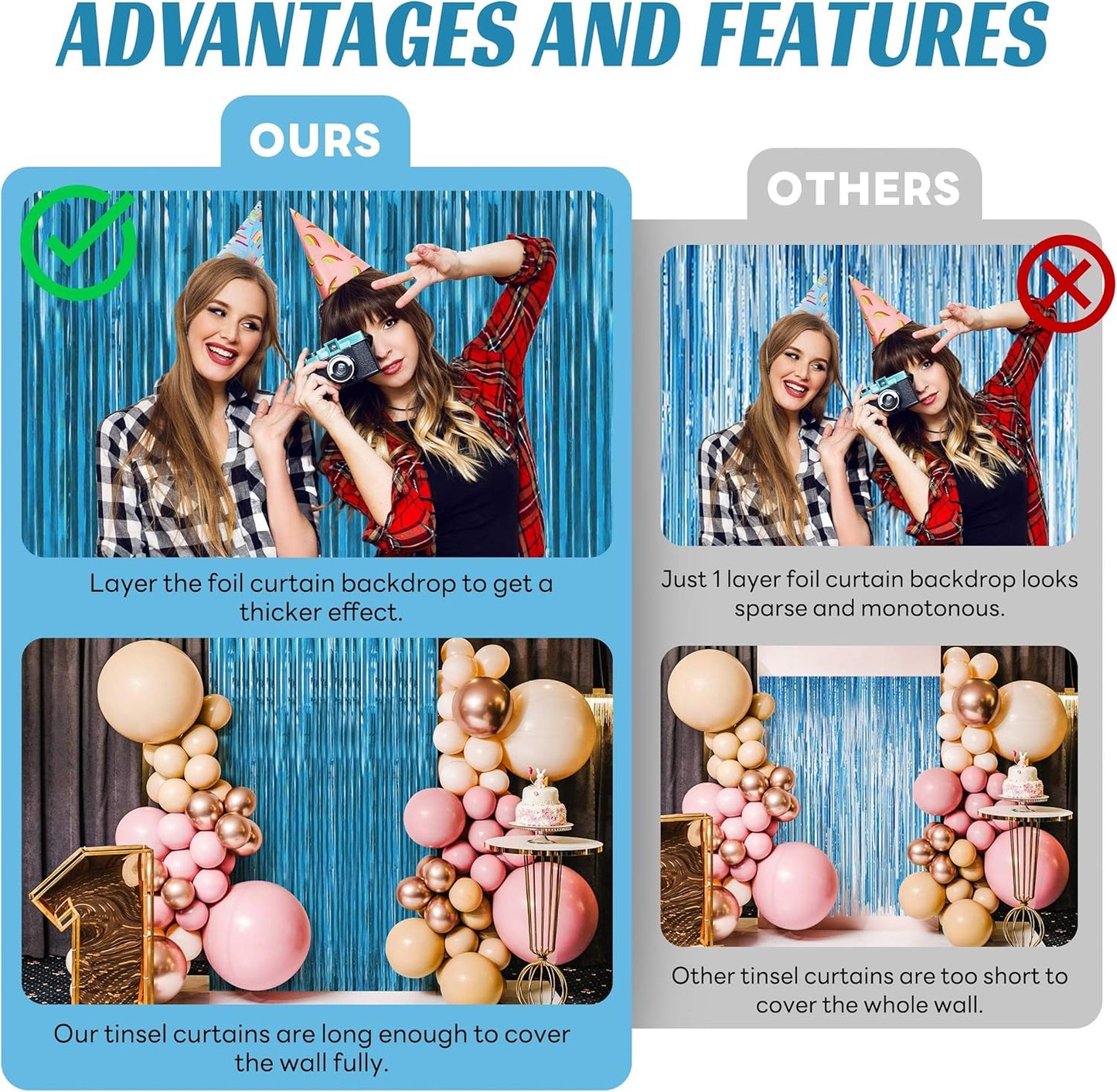 BTSD-home 10 Pack Aquamarine Foil Fringe Curtain Metallic Streamer Party Decorations Photo Booth Backdrop Door Curtains for Wedding Birthday Baby Shower Bachelorette Halloween