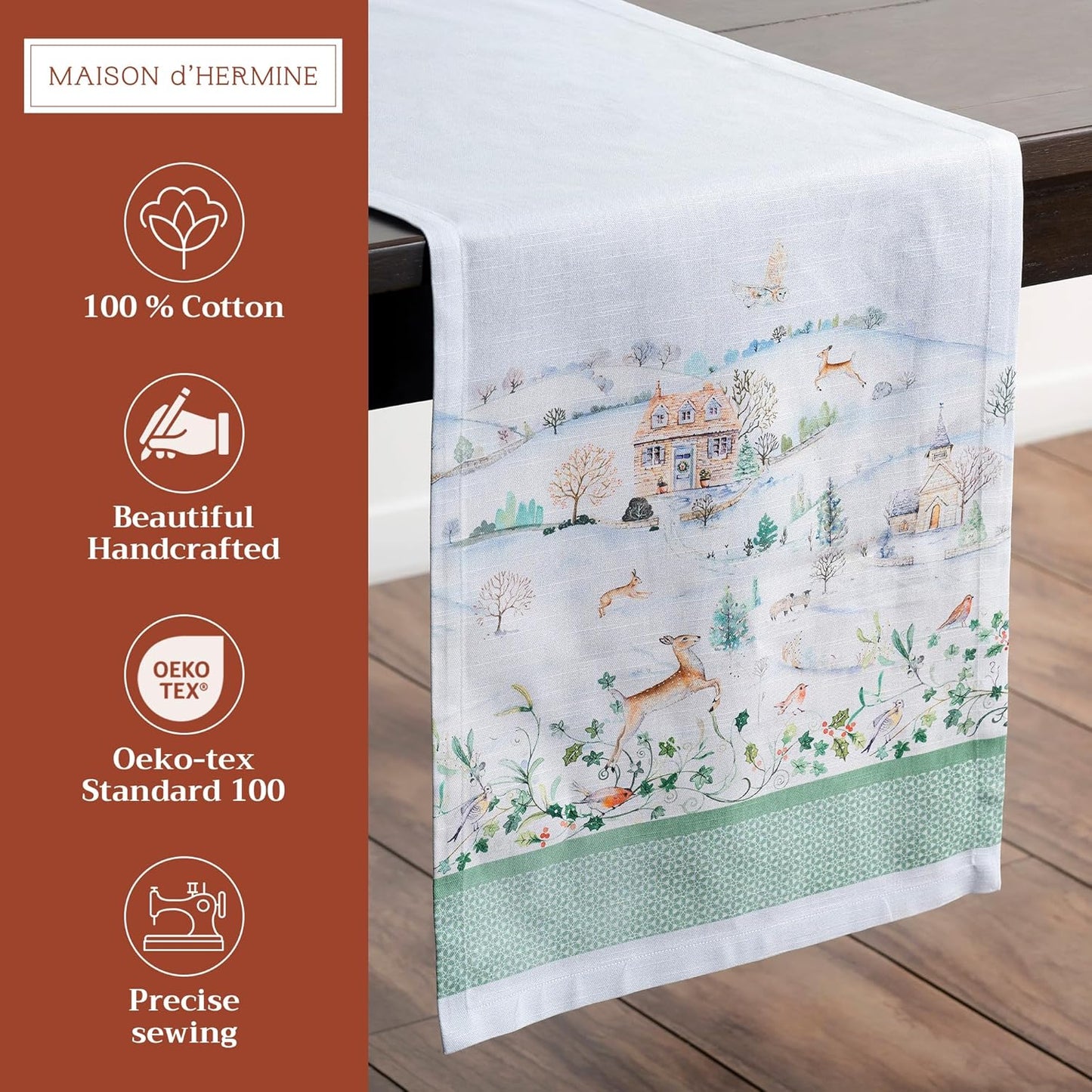 Maison d' Hermine Table Runner 100% Cotton Single Layer Table Runners 72 inches Long for Thanksgiving Christmas Decorations Home Kitchen Dining Party Wedding (Snowy World, 14.5" x 72")
