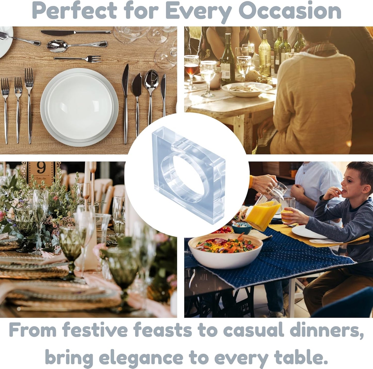 Acrylic Set of 12 Square Beveled Napkin Ring - Cloth Napkin Rings Serviette Buckles for Wedding, Birthday, Banquet, Table Décor, Home Décor, Gifting (Transparent) - CLEENTABLE