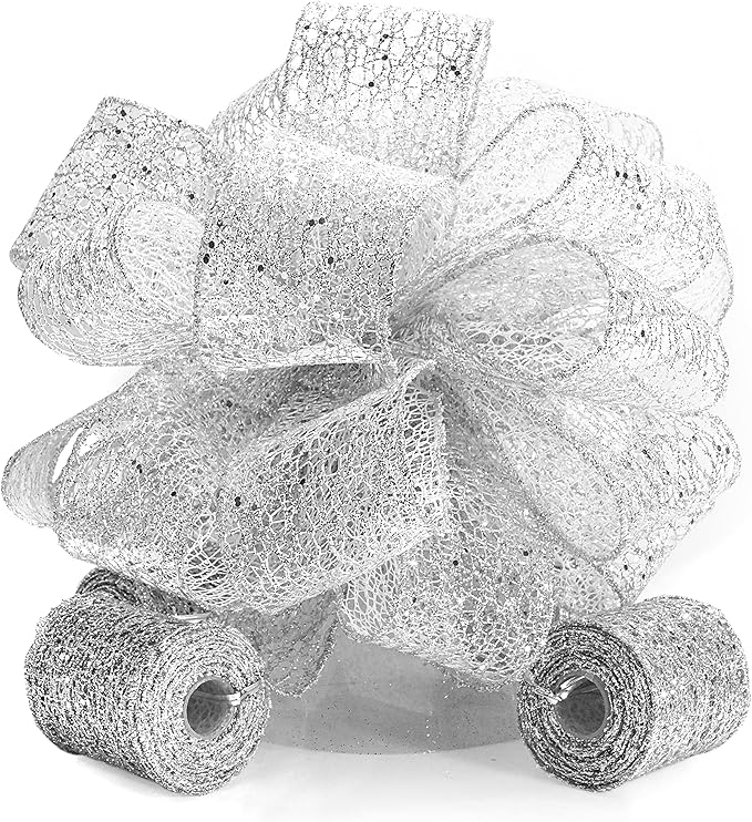 CT CRAFT LLC Silver Glitter Mesh Christmas Tree Topper Bow 11" with 4 Ribbon Streamers x 3 Yards Long Each for Holidy Elegant Fancy Home Décor Indoor