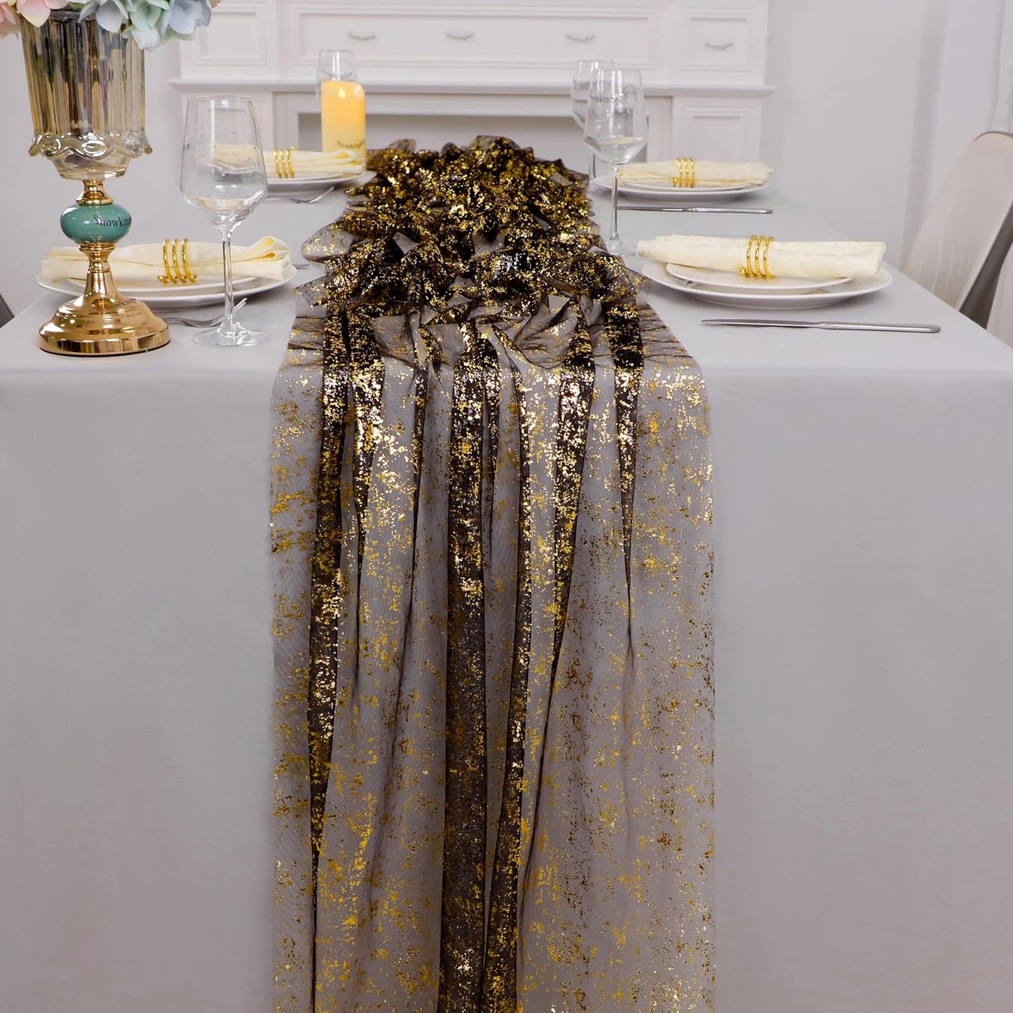 Snowkingdom 6 Pcs Black & Gold Cheesecloth Table Runner 10 FT, Sheer Chiffon Sparkle Gauze Mesh Runners 120 Inch, Glitter Table Centerpieces Decoration for Birthday Party Wedding Christmas Halloween