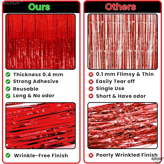 KatchOn, XtraLarge Red Streamers - 3.2x8 Feet, Pack of 2 | Red Fringe Backdrop for Christmas Decorations, Valentines Day Decor, New Years Decorations 2026 | Carnival, Casino Theme Party Decoration