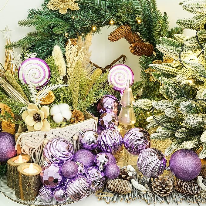 XmasExp 24ct Christmas Ball Ornaments Shatterproof Xmas Tree Hanging Balls Decorations Perfect for Halloween Decorations Holiday Wedding Christmas Decor(2.36"/60mm, Light Purple)