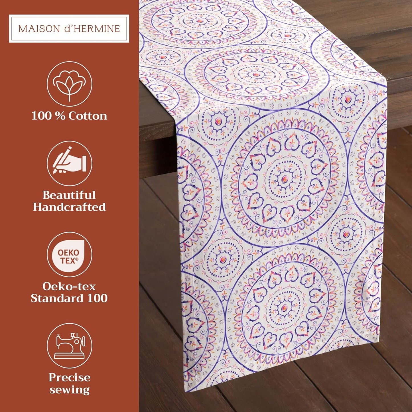 Maison d' Hermine Table Runner 100% Cotton Double Layer Table Runners 72 inches Long Decorative for Home Kitchen Dining Party Baby Shower Wedding Bridal Shower Spring Summer (Mandala, 14.50" x 72")