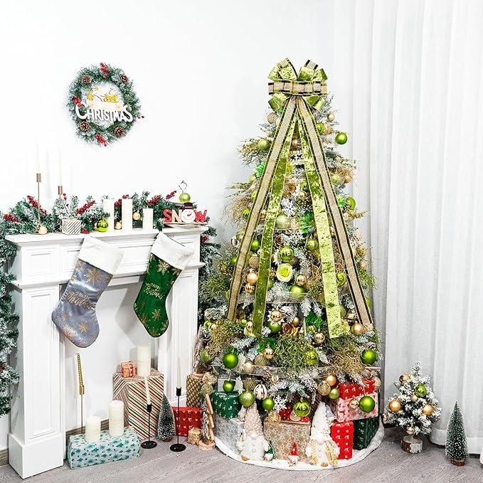 Christmas Tree Topper Bow，53 x 13 Inches Velvet Large Christmas Bow Decor with Long Glittering Streamer Line，Xmas Decorations for Tree Wreath Door Festival Home(Olive Green & Gold Line)