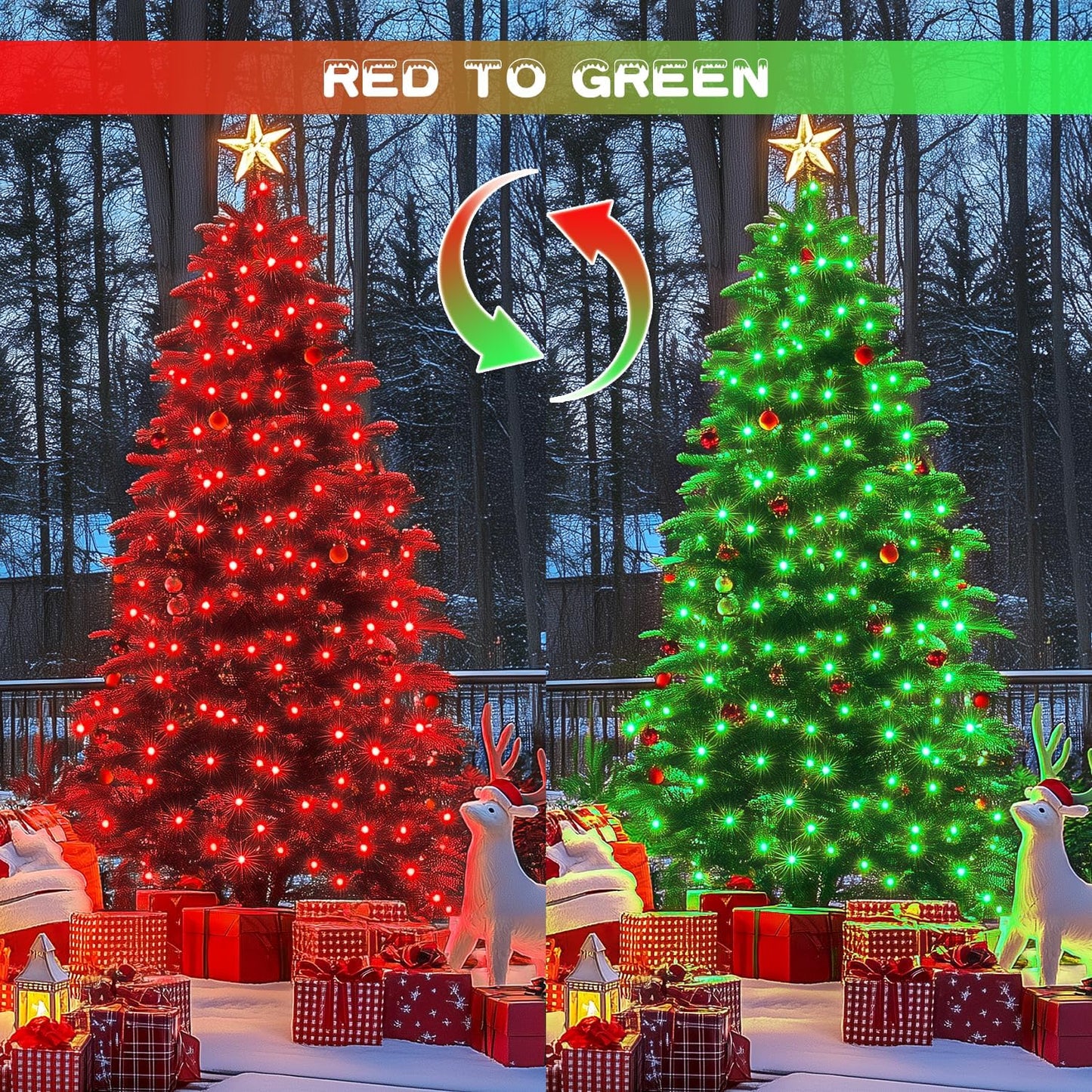 JMEXSUSS Red and Green Solar Christmas Lights Outdoor Waterproof, 2 Pack 100 Led 33ft Color Changing Solar String Lights for Christmas Tree Decor