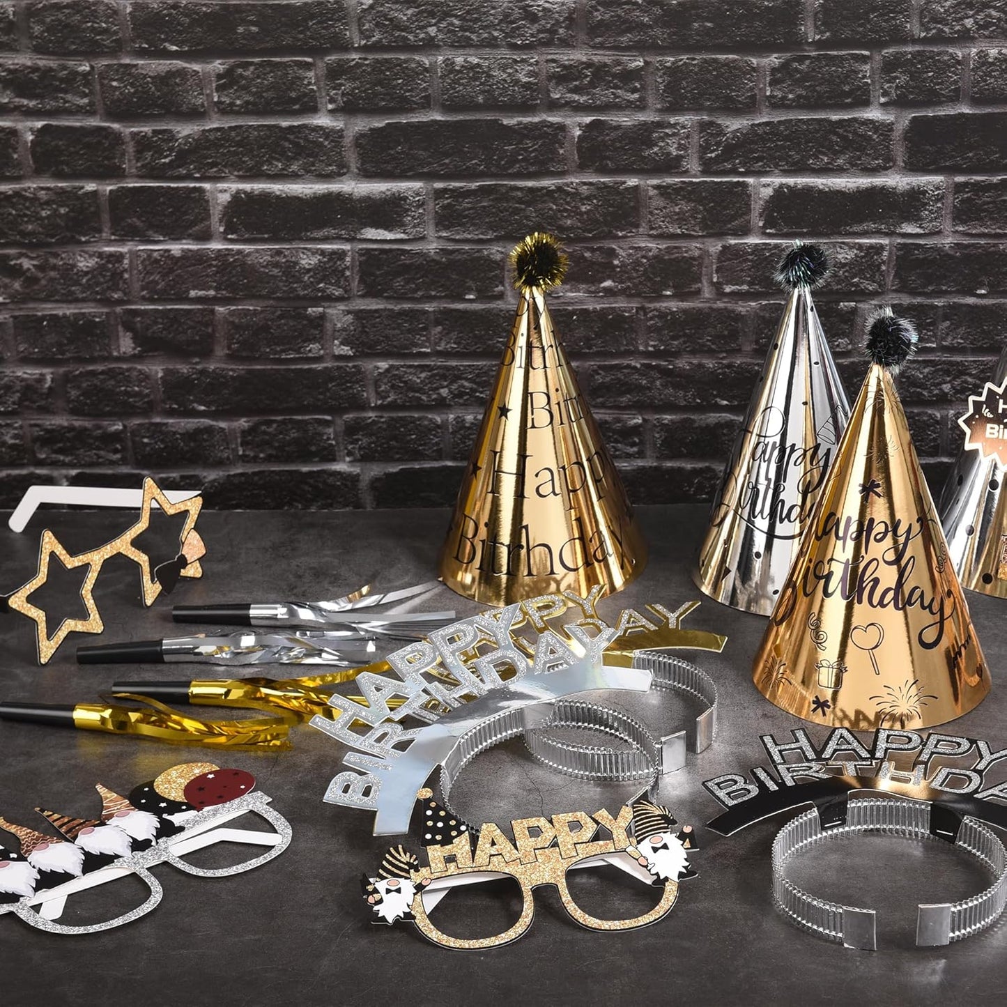 36 Pcs Black Golden Birthday Party Hats Set Includes 6 Party Cone Hats 6 Birthday Headband 12 Paper Glasses 12 Noise Makers Party Favors for Baby Shower Photo Booth Props