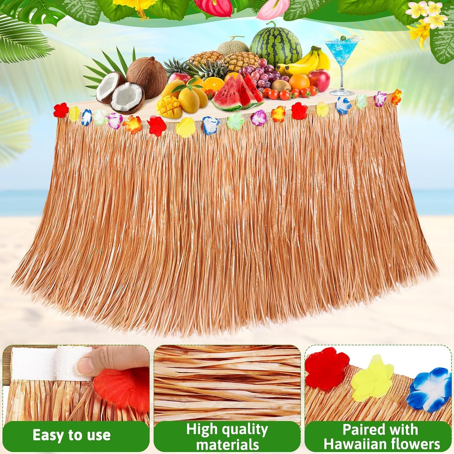 Luau Party Decorations, 1PCS Hawaiian Table Skirt Party Decorations, Luau Flower 108 X 29.5" Grass Table Skirts Luau Party Favors, Luau Table Skirt for Summer Tropical Hula Parties Decor Accessories