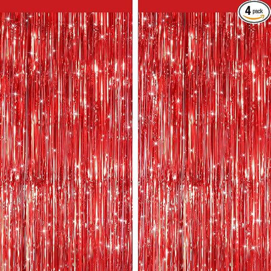 2 Pack Red Metallic Tinsel Foil Fringe Curtains, Door Streamers Photo Booth Backdrop for Birthday Party, Tinsel Curtain Backdrop for Christmas, Wedding, Anniversaries, Valentines Day Decorations