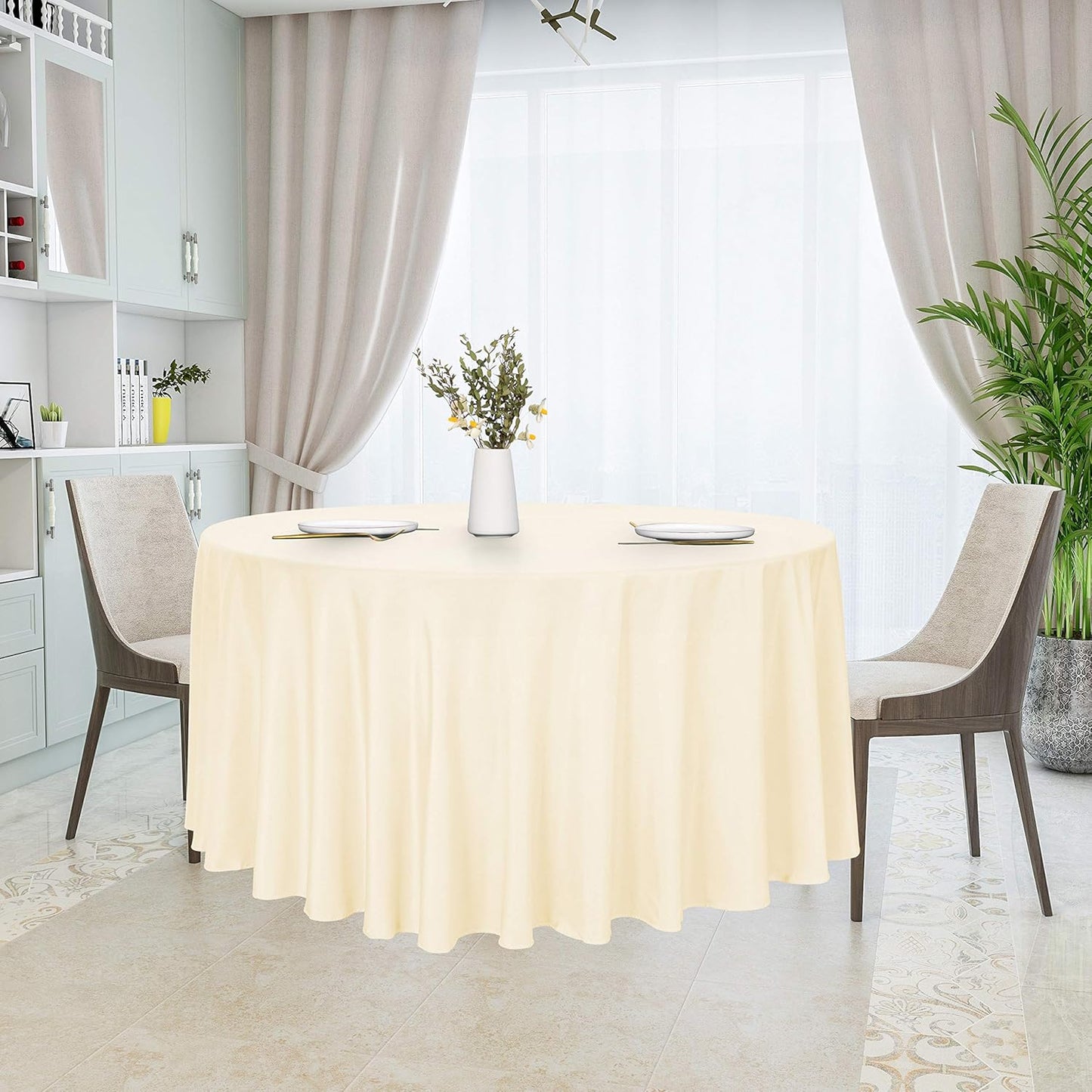 sancua Round Tablecloth - 120 Inch - Water Resistant Spill Proof Washable Polyester Table Cloth Decorative Fabric Table Cover for Dining Tables, Buffet Parties and Camping, Beige