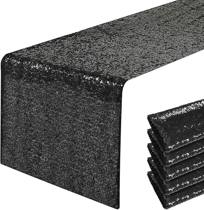 6 Packs 12 x 72 inches Black Sequin Table Runner, Glitter Runner for Birthday Party Supplies Decorations Wedding Bachelorette Holiday Celebration Bridal Shower Baby Shower