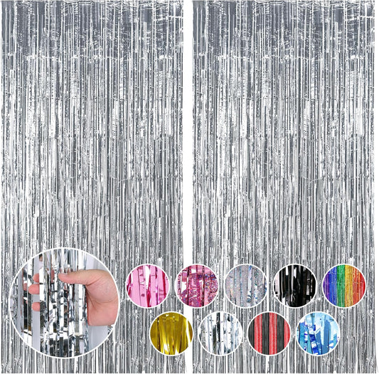 RUBFAC 2 Pack Silver Tinsel Backdrop Party Decorations Foil Fringe Curtains Photo Booth Streamer for New Year Decorations Wedding Birthday Holiday Christmas Celebrations Supplies