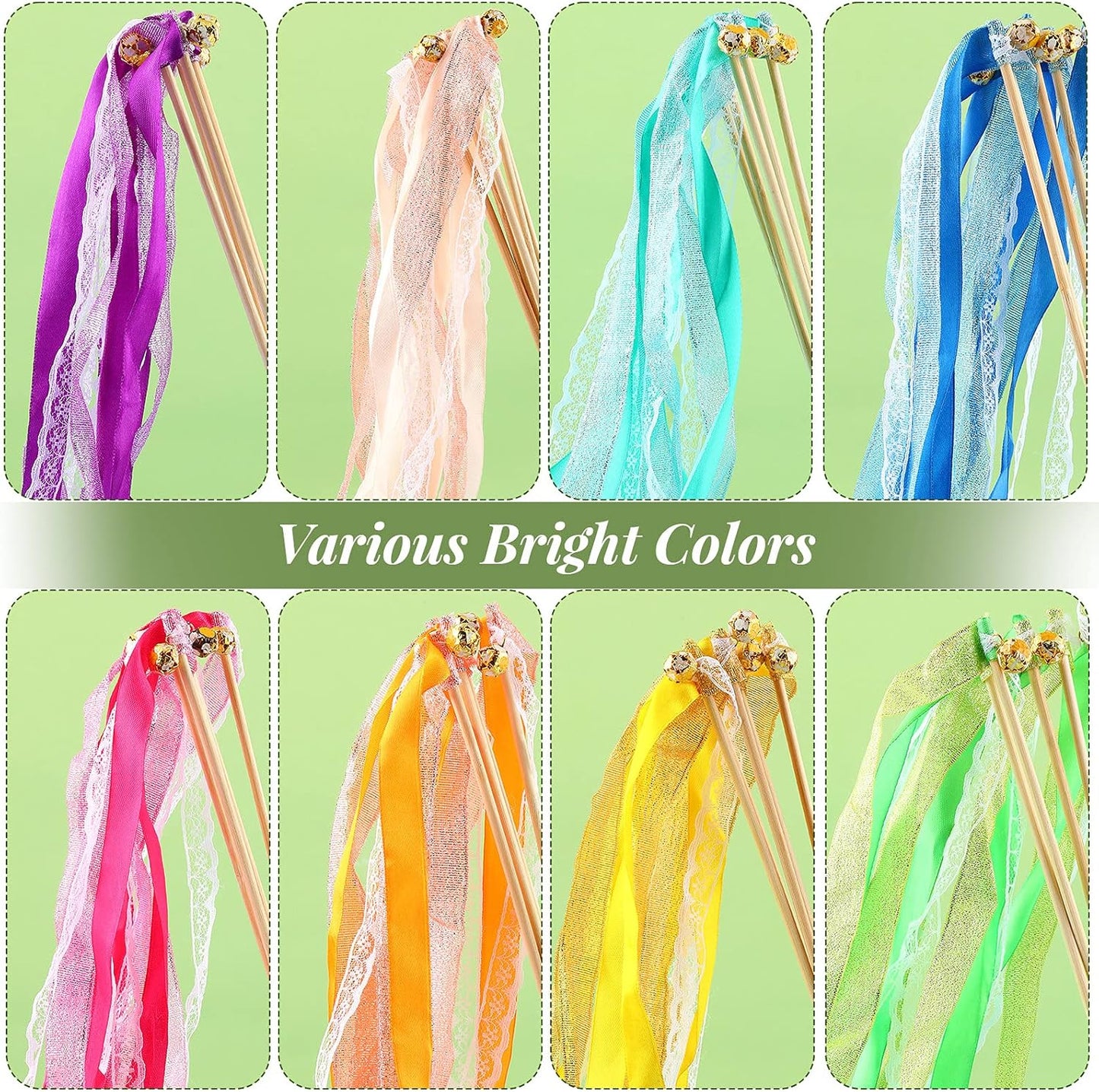 40 Pieces Ribbon Wedding Streamers with Bells, Lace Fairy Stick Wand Party Streamers Chromatic Silk Streamers for Party, Birthday and Holiday