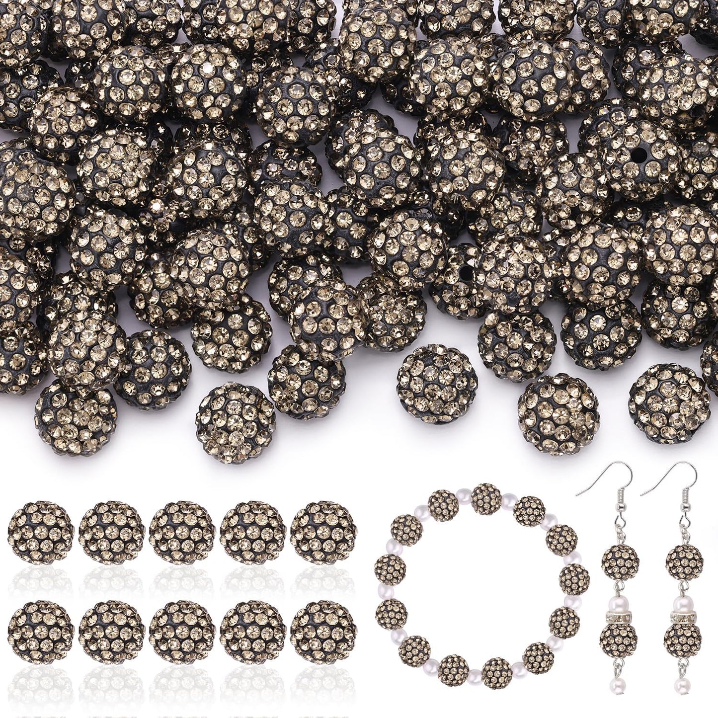 200pcs 10mm Rhinestone Beads for Jewelry Making, Gray Shiny Round Disco Ball Beads Bulk, Sparkle Crystal Clay Christmas for Bracelet Baseball Necklace Earring Crafting and DIY