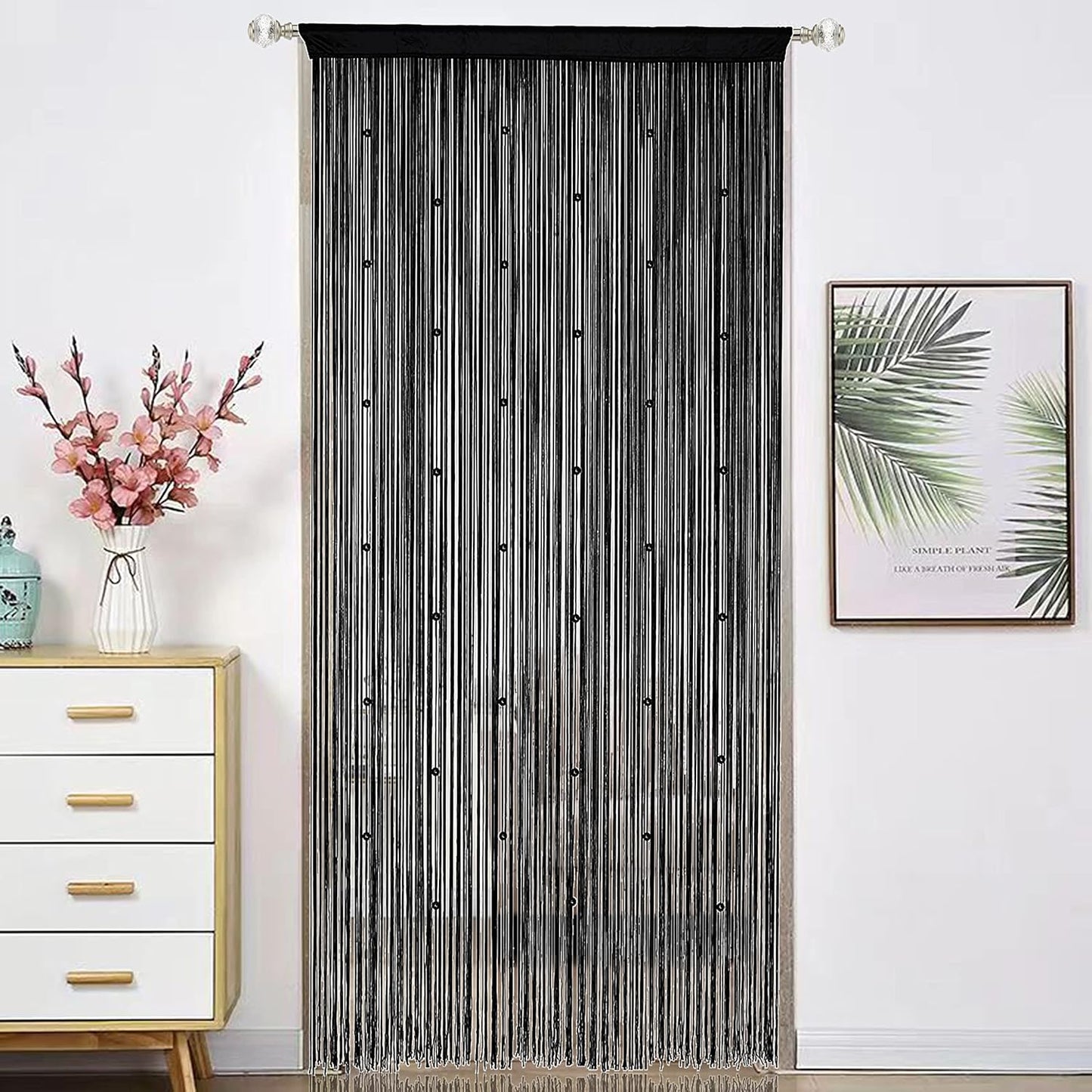Beaded Curtain Beads Door String Curtains Ideal for Living Room Decor Wall Hanging Fringe Doorway Divider Bedroom Backdrop Hippie Window Closet Privacy Rod Pocket Dense (100x200cm,Black)