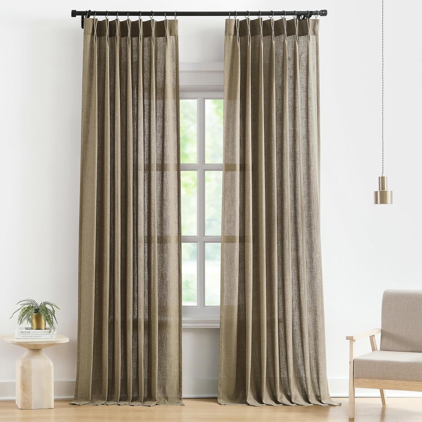 Vision Home Brown Pinch Pleated Semi Sheer Curtains Textured Linen Blended Light Filtering Window Curtains 108 inch for Living Room Bedroom Pinch Pleat Drapes with Hooks 2 Panels 9ft 40" Wx108 L