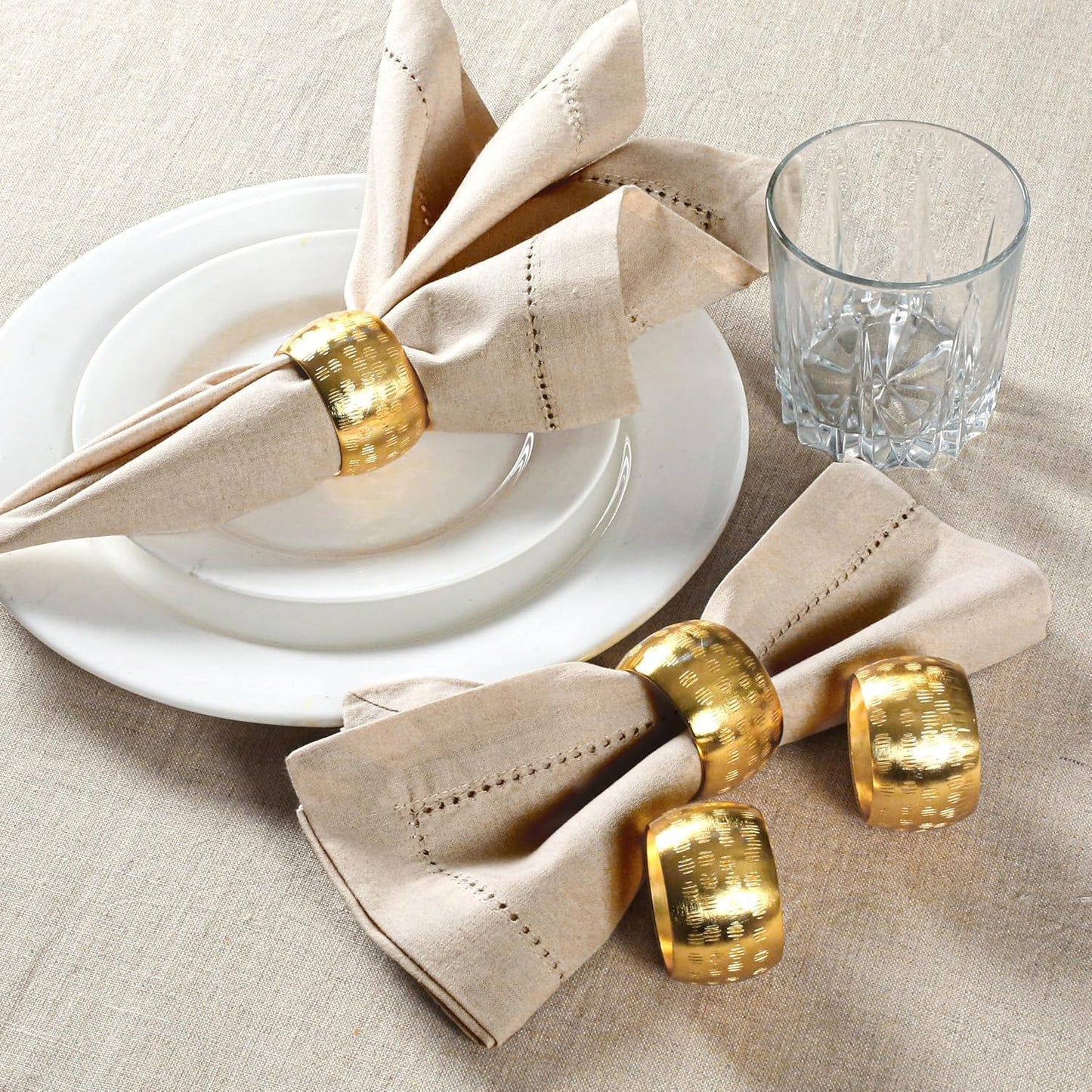 Napkin Rings Set of 12, Metal Napkin Holder Cuffs for Dinner Table Décor, Round Textured Farmhouse Modern Serviette Rings for Christmas, Weddings, Receptions, Daily Use, Gold - ALPHA Living HOME