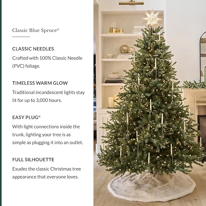 Balsam Hill 9ft Pre-Lit Classic Blue Spruce - Artificial Christmas Tree with 1500 Clear Incandescent Lights, Easy Plug Technology, Premium Stand for Indoor Holiday Decorating