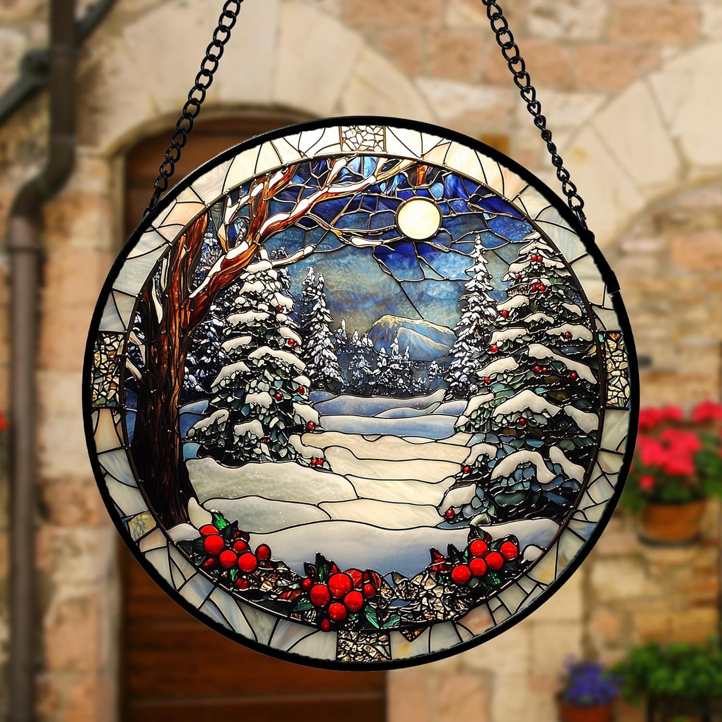 Stained Glass Window Hanging Christmas Tree Winter Snow Night Scenery 7.8" - Suncatcher Door Garden Kitchen Sun Catcher Home Decor Birthday for Mom Men Woman Friend