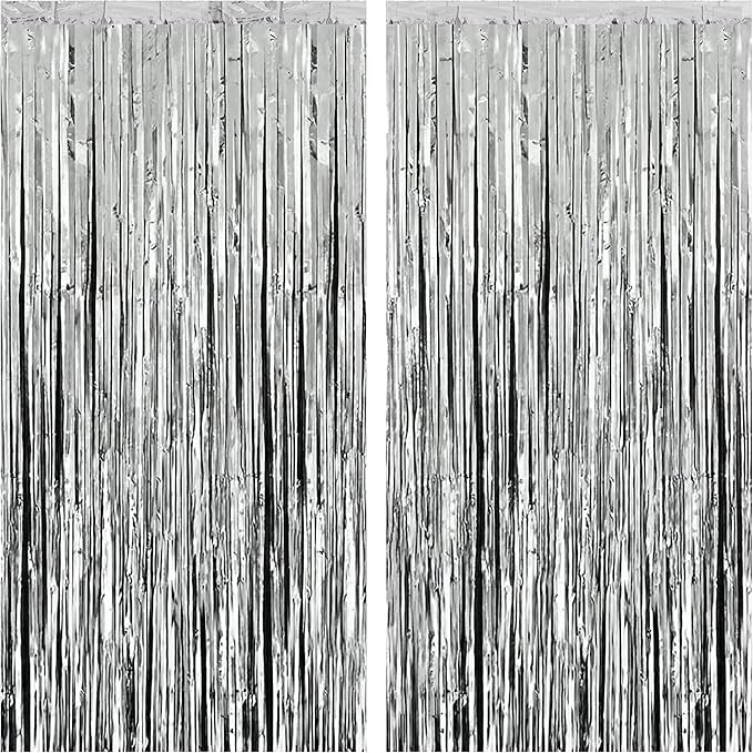 KatchOn, XtraLarge Silver Foil Fringe Curtain - 3.2x8 Ft, Pack of 2 | Streamers Backdrop for Disco Party Decorations | Silver Fringe Backdrop for Valentines, Anniversary, Disco Birthday Decorations
