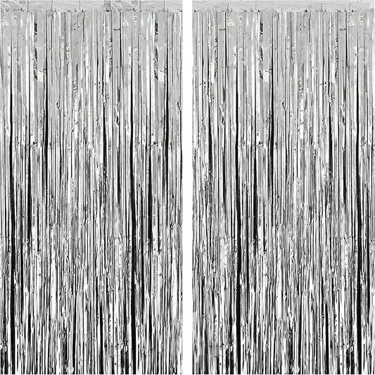 KatchOn, XtraLarge Silver Foil Fringe Curtain - 3.2x8 Ft, Pack of 2 | Streamers Backdrop for Disco Party Decorations | Silver Fringe Backdrop for Valentines, Anniversary, Disco Birthday Decorations