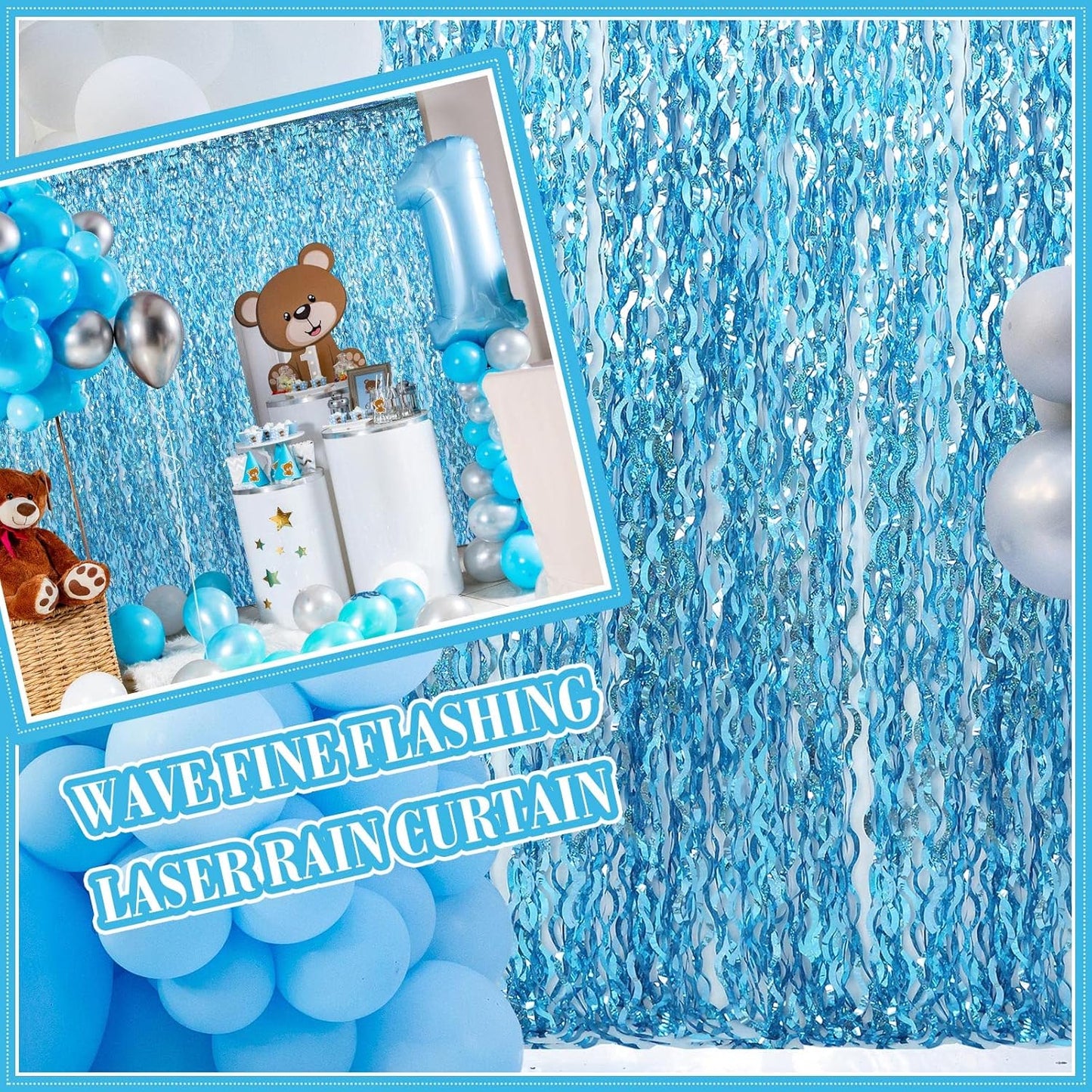 Jutom 6 Pieces 3.3 x 6.6 ft Wavy Tinsel Foil Fringe Curtains Foil Fringe Streamer Backdrop Party Curtain for Sea Mermaid Baby Shower Birthday Party Decoration(Light Blue)